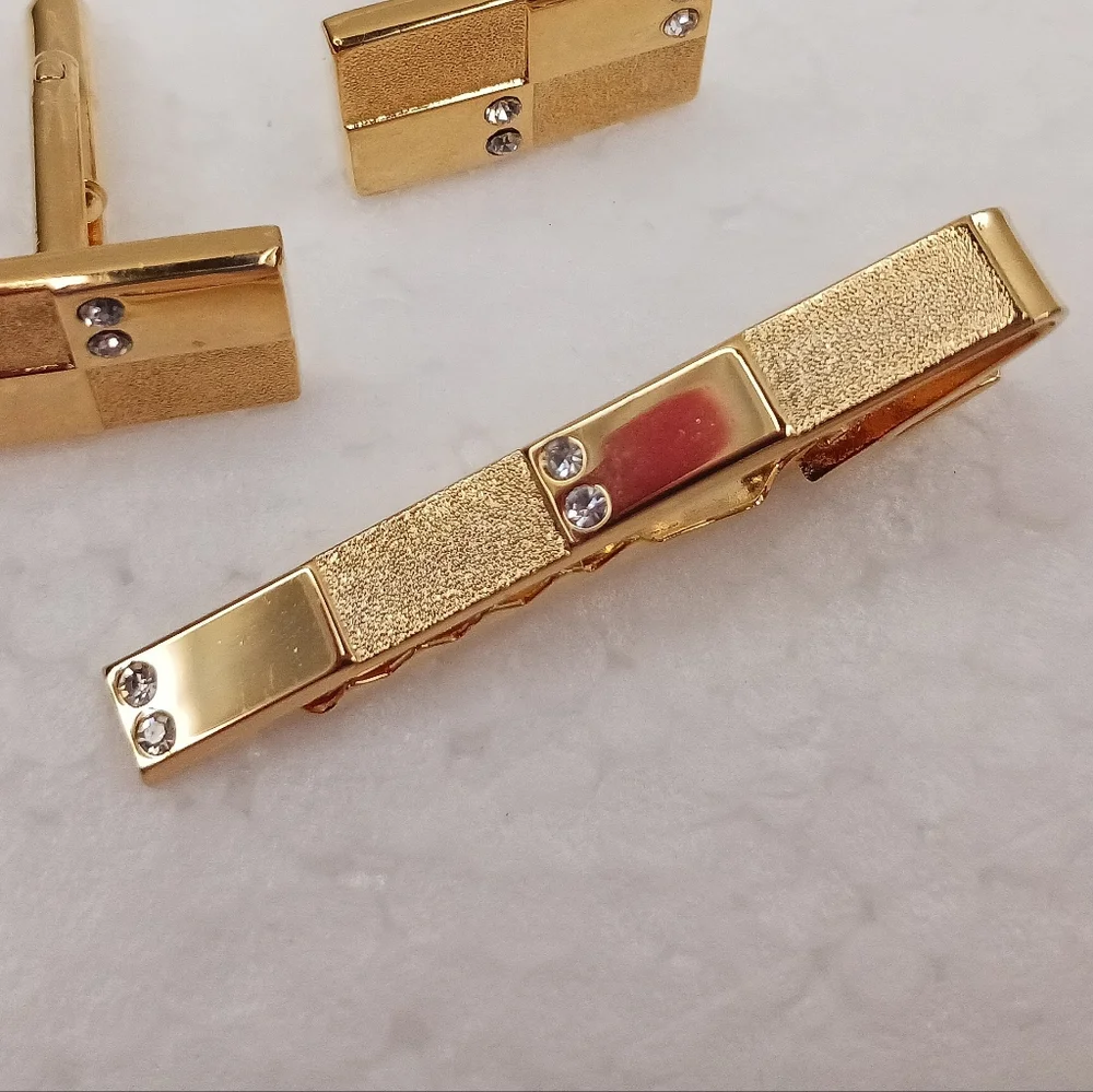 Tie Clip Bar, Cufflinks, Textured Gold Crystals Vintage Space Age Classic